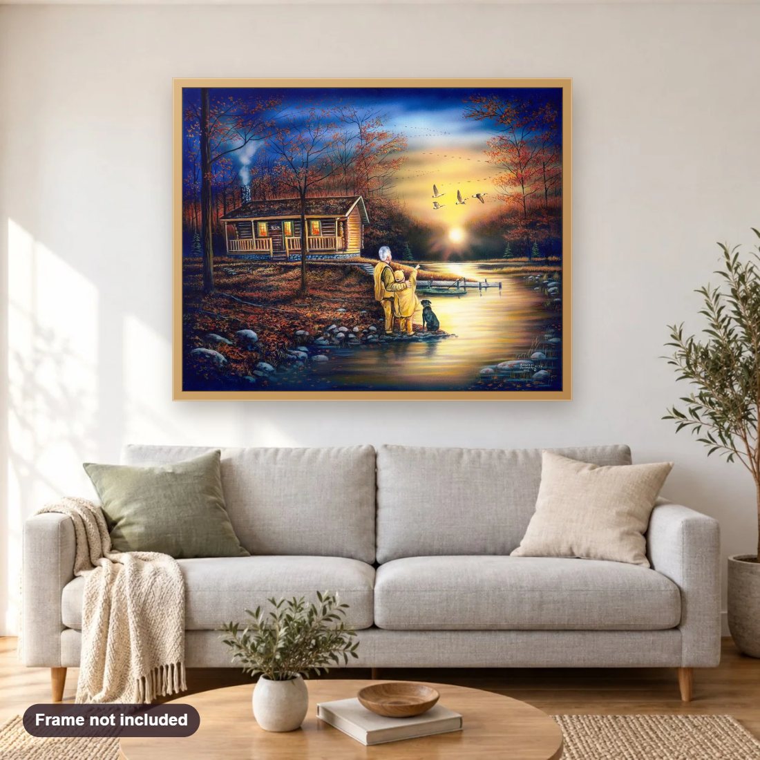 Evening Reflections diamond painting shown framed on a living room wall above a sofa