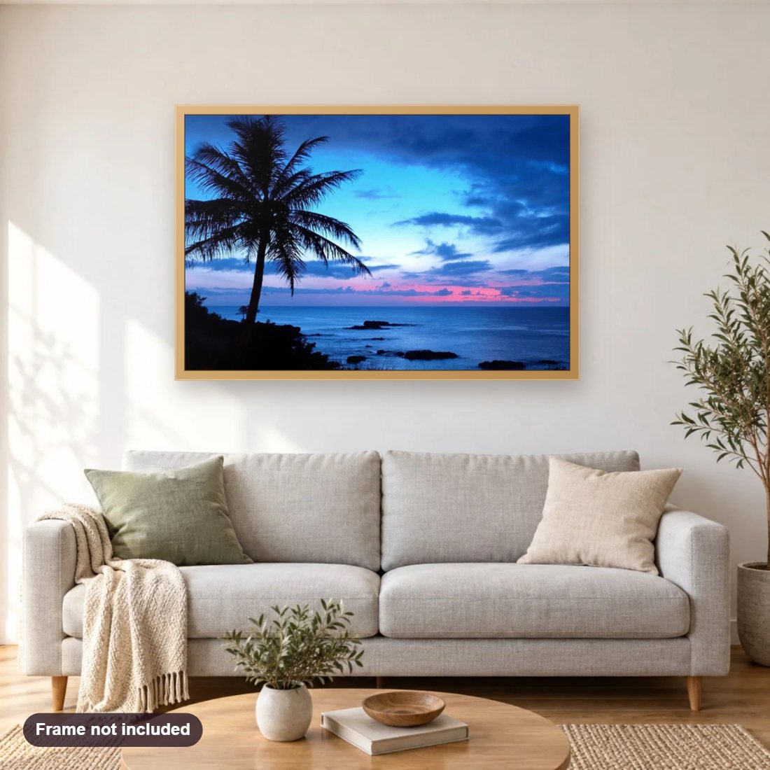 Evening View at Hawaii diamond painting shown framed on a living room wall above a sofa