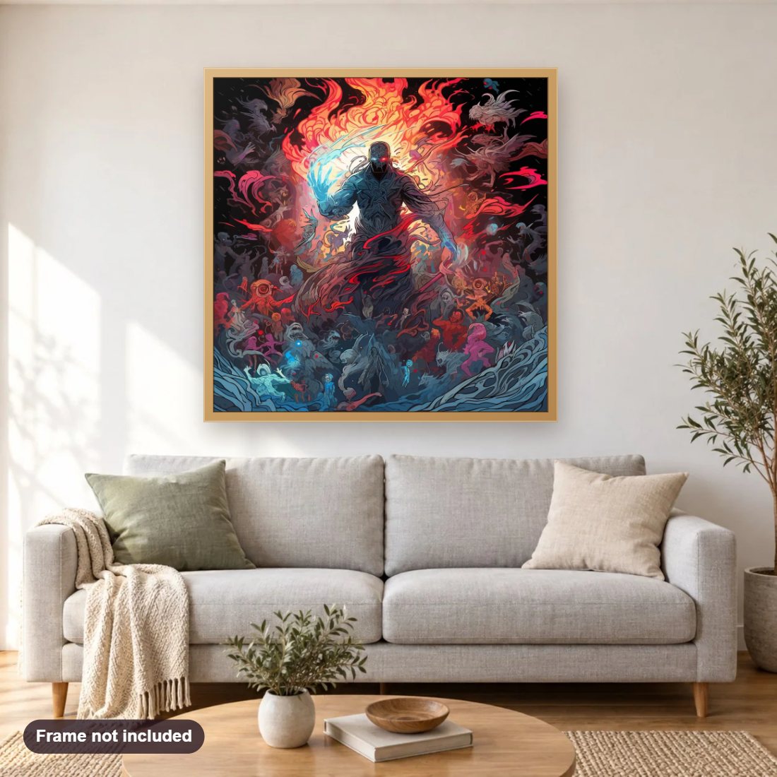 Experimentig the Demonic Powers diamond painting shown framed on a living room wall above a sofa