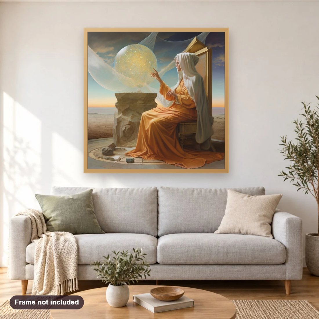 Exploring the World diamond painting shown framed on a living room wall above a sofa