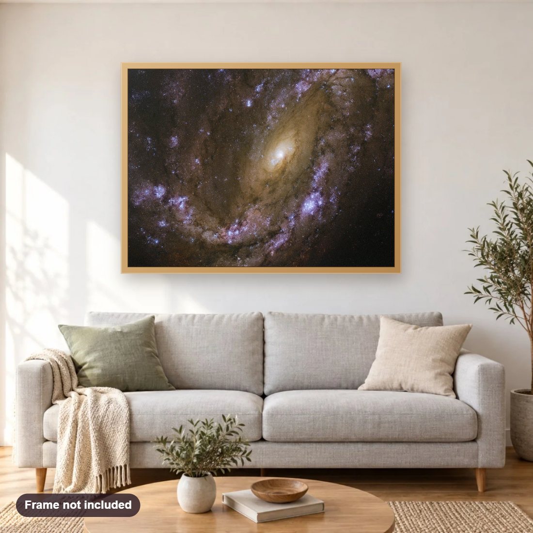 Explosive Galaxy diamond painting shown framed on a living room wall above a sofa