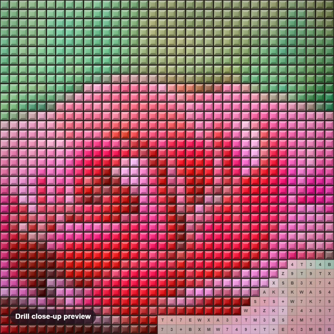 Close-up preview of the Exquite Pink Rose diamond painting with square 5D drills and printed canvas symbols