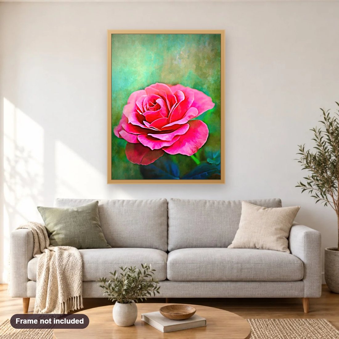 Exquite Pink Rose diamond painting shown framed on a living room wall above a sofa