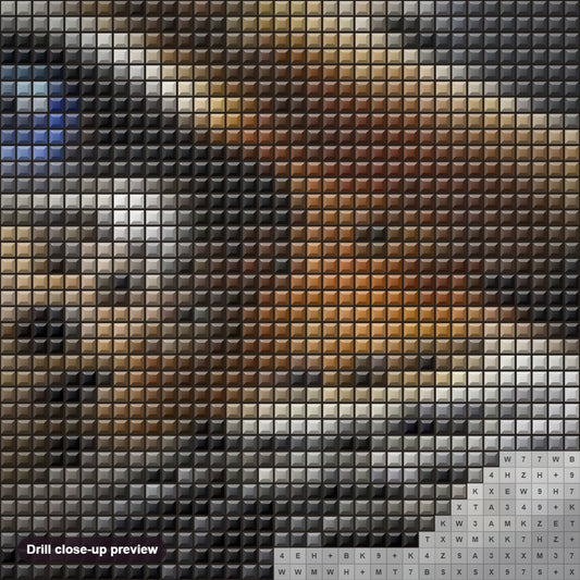 Close-up preview of the Eye Of Jaguar diamond painting with square 5D drills and printed canvas symbols