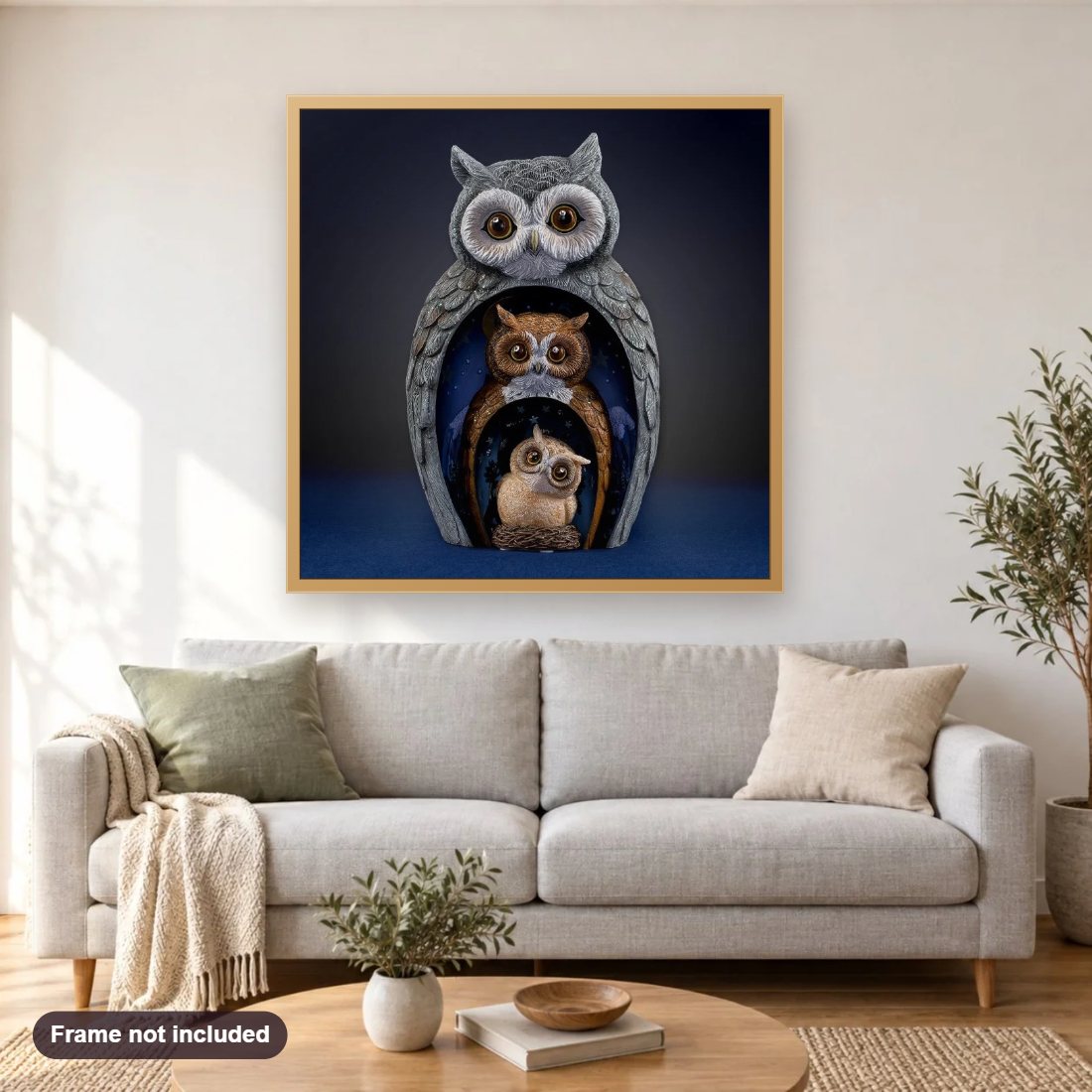 Eyes of Wisdom Owls diamond painting shown framed on a living room wall above a sofa