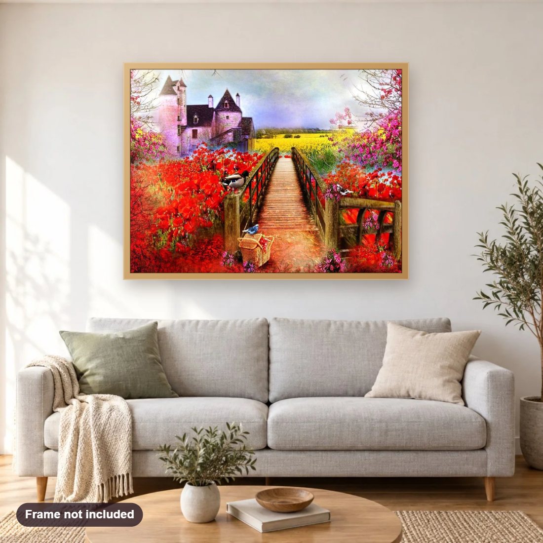 Fabulous Flower Garden diamond painting shown framed on a living room wall above a sofa