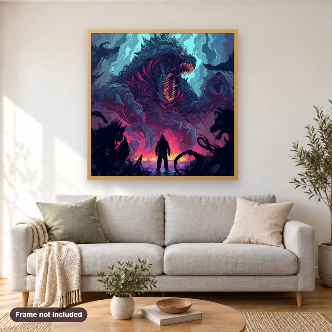 Face the Fear diamond painting shown framed on a living room wall above a sofa