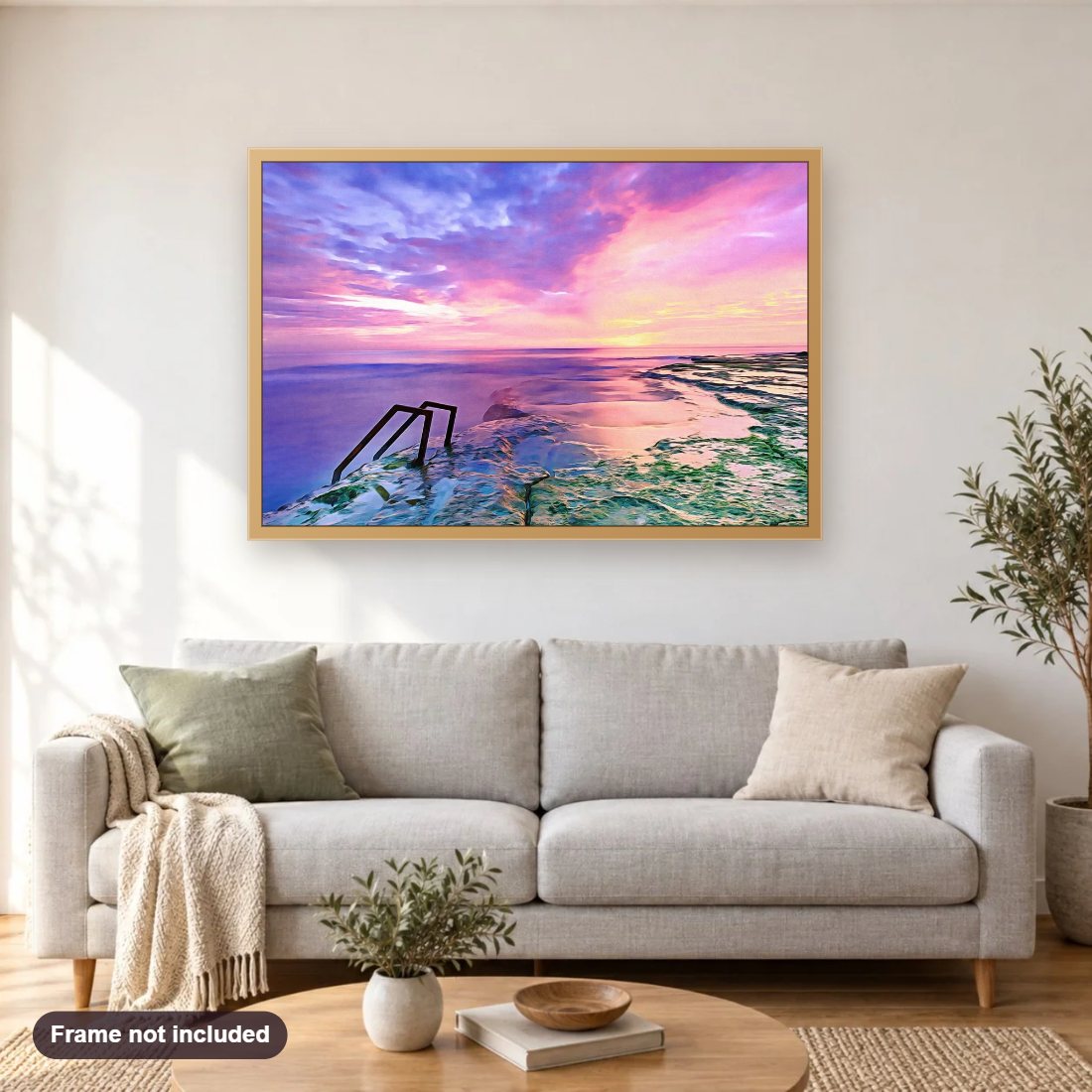 Fair Skies And Calm Sea diamond painting shown framed on a living room wall above a sofa