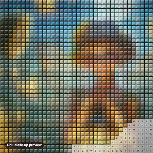 Close-up preview of the Fairy Among the Sunflowers diamond painting with square 5D drills and printed canvas symbols