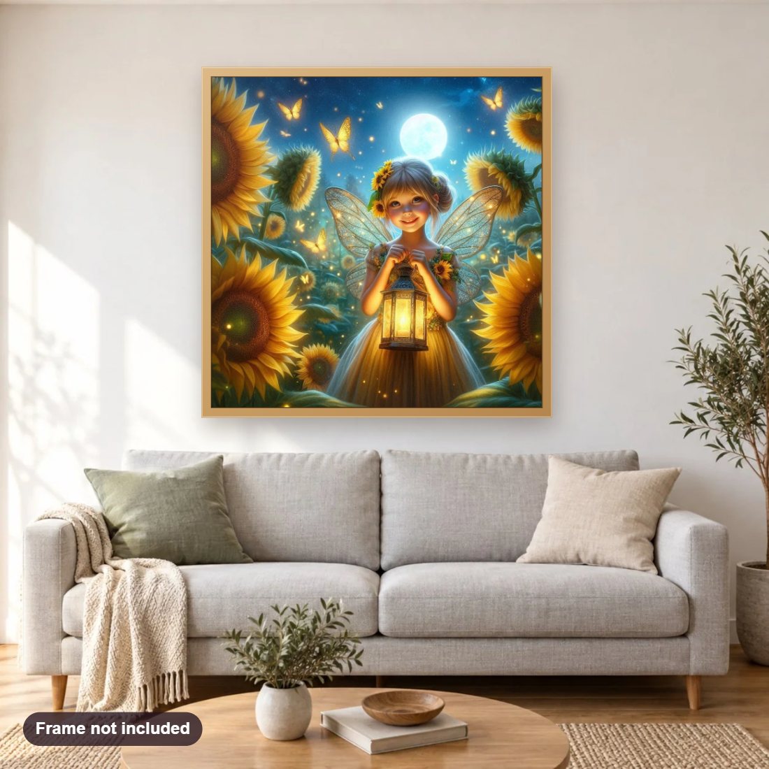 Fairy Among the Sunflowers diamond painting shown framed on a living room wall above a sofa