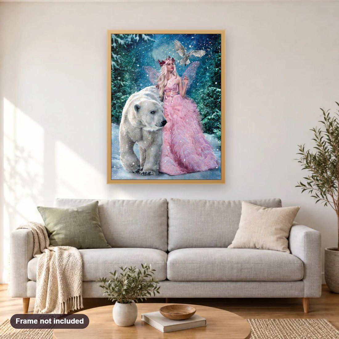 Fairy Girl with Bear & Owl diamond painting shown framed on a living room wall above a sofa