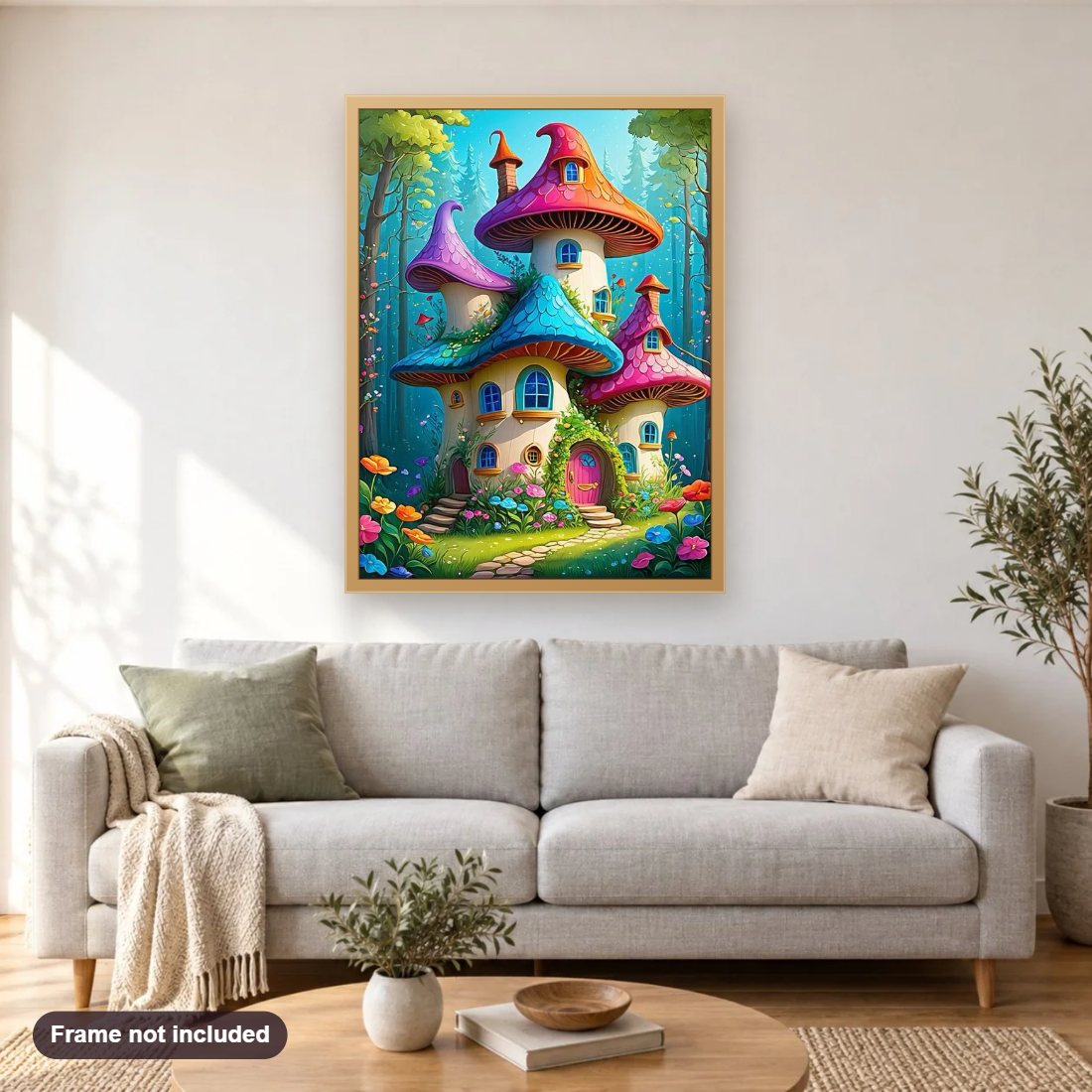 Fairy House diamond painting shown framed on a living room wall above a sofa