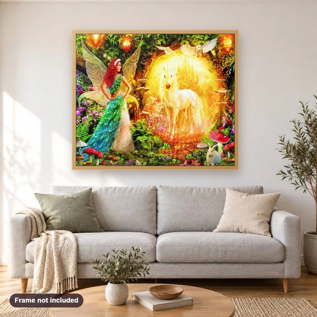 Fairy in the Fantasy Forest diamond painting shown framed on a living room wall above a sofa