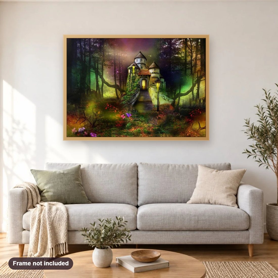 Fairy Tale Castle in the Fantasy Forest diamond painting shown framed on a living room wall above a sofa