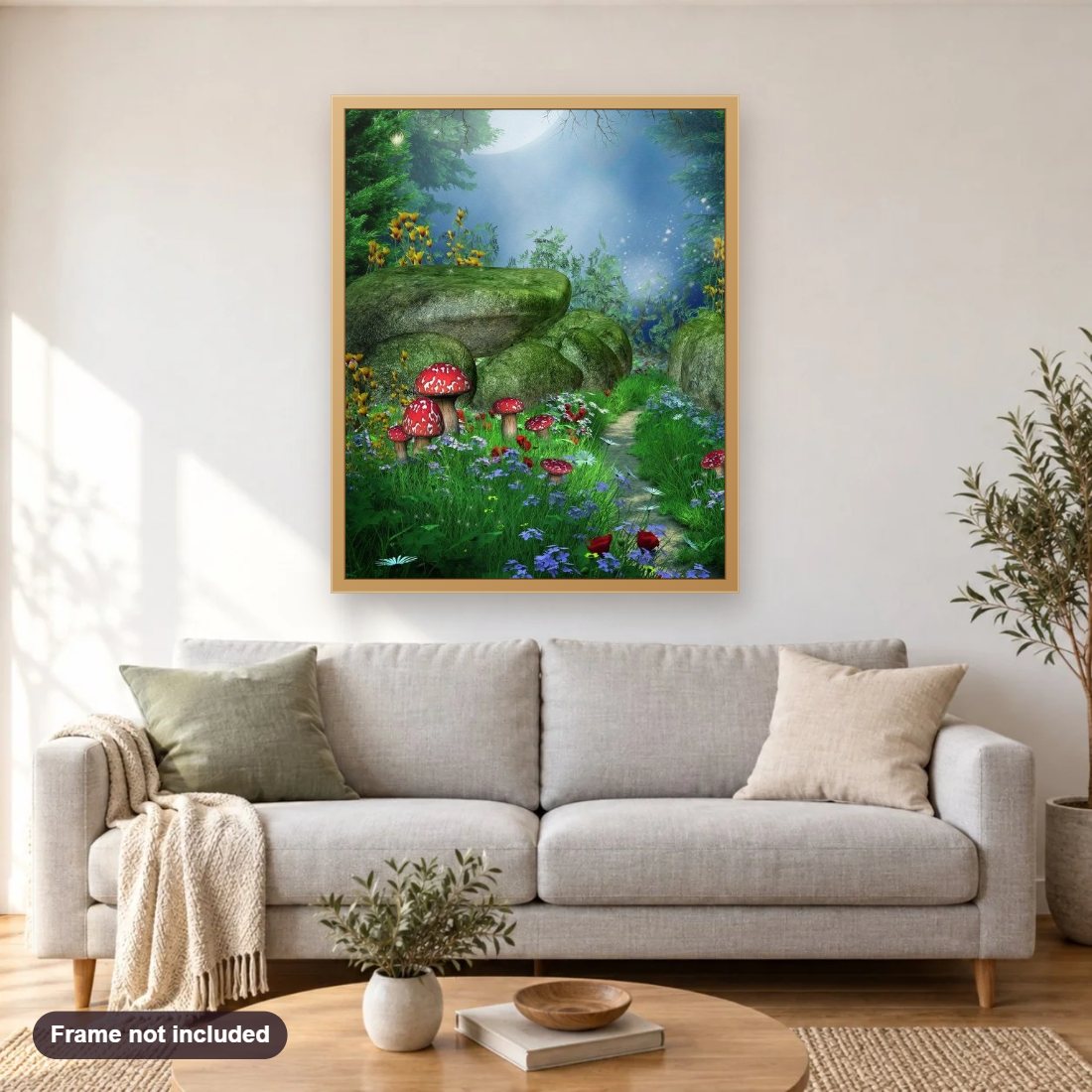 Fairy Tale Forest diamond painting shown framed on a living room wall above a sofa