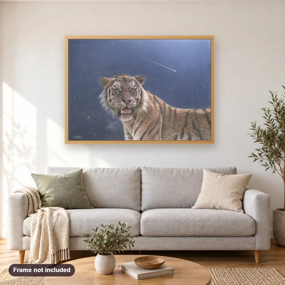 Falling Star diamond painting shown framed on a living room wall above a sofa