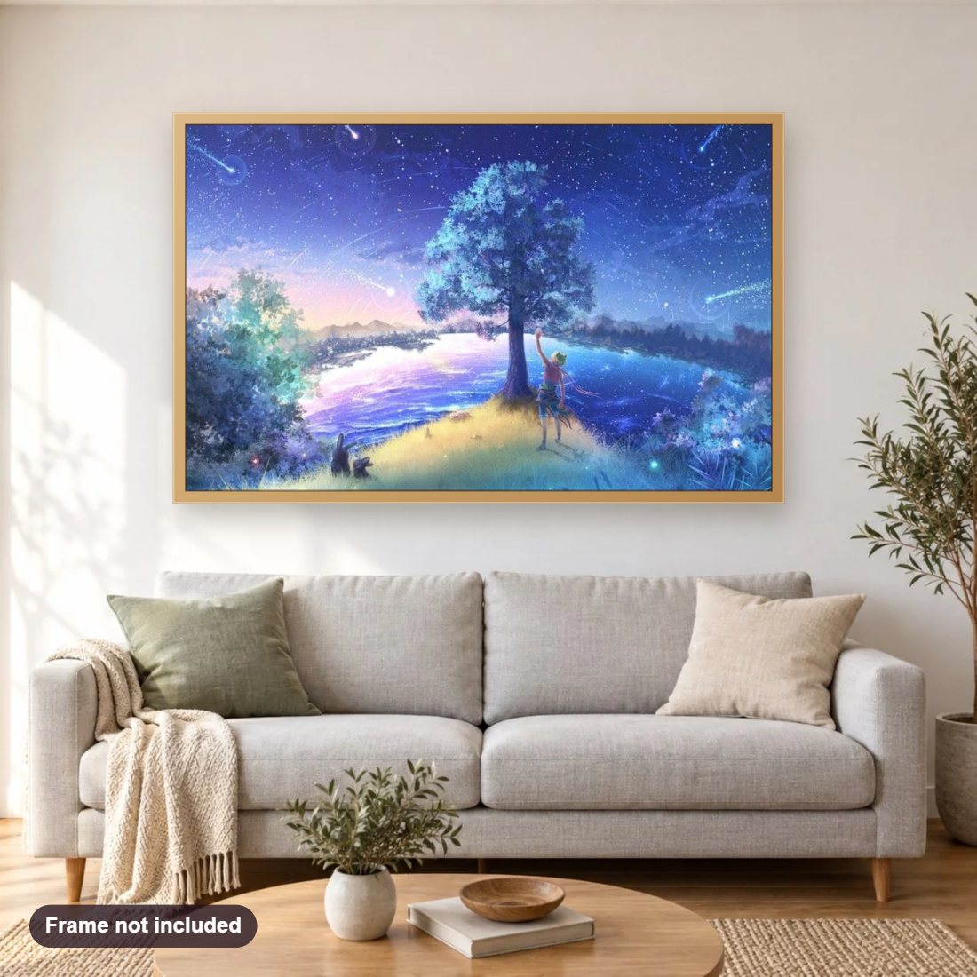 Falling Stars Anime Landscape diamond painting shown framed on a living room wall above a sofa
