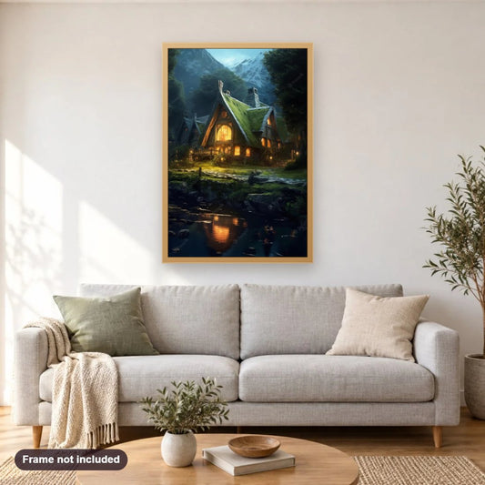 Fantacy House of Hobbit diamond painting shown framed on a living room wall above a sofa
