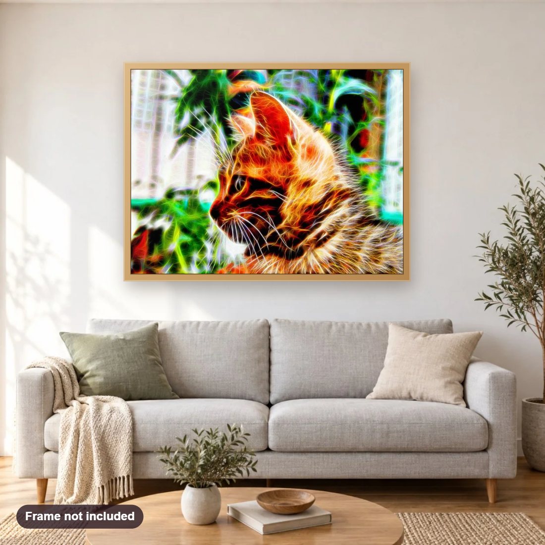 Fantasized Cat diamond painting shown framed on a living room wall above a sofa