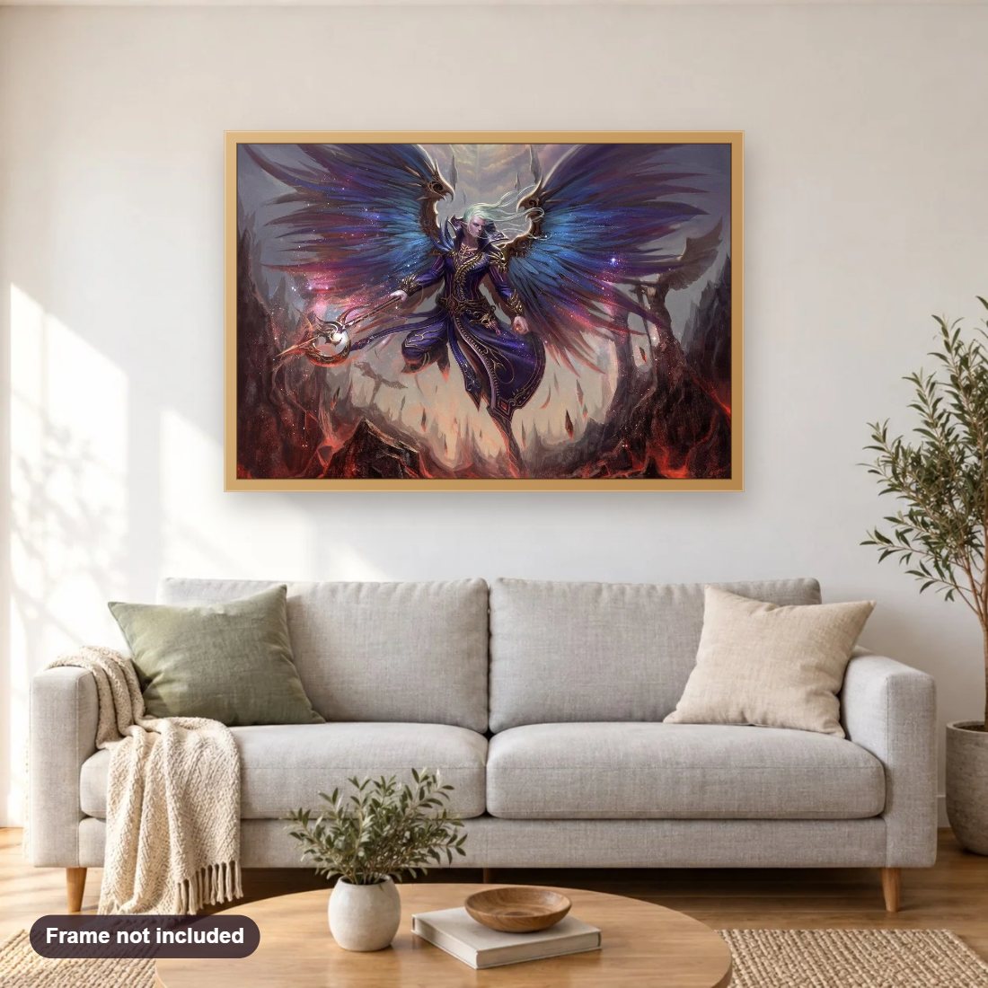 Fantasy Angelic Warrior diamond painting shown framed on a living room wall above a sofa