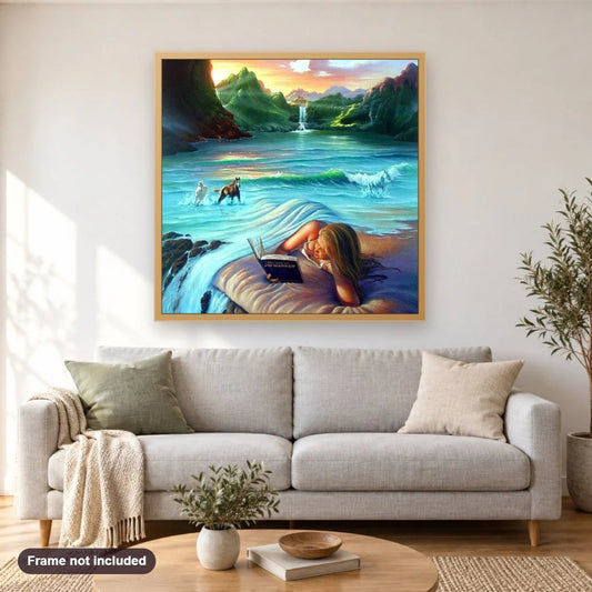 Fantasy Art by Jim Warren diamond painting shown framed on a living room wall above a sofa