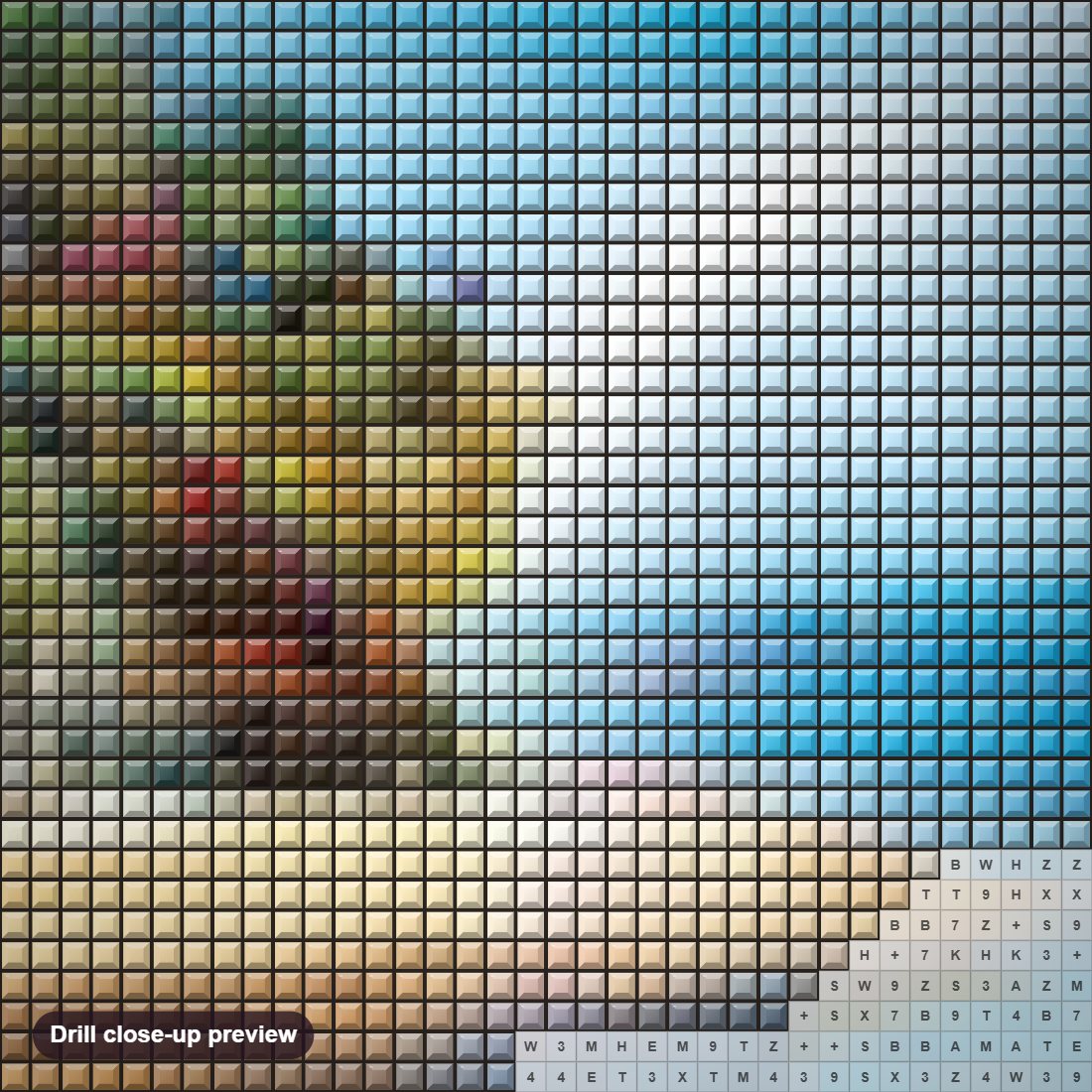 Close-up preview of the Fantasy Beach diamond painting with square 5D drills and printed canvas symbols