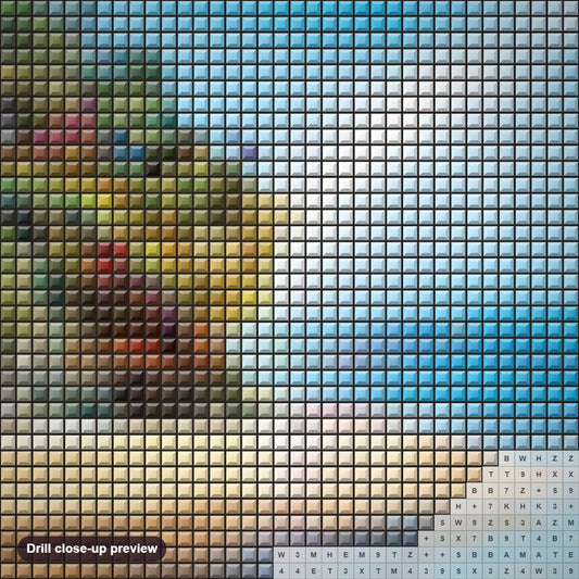 Close-up preview of the Fantasy Beach diamond painting with square 5D drills and printed canvas symbols