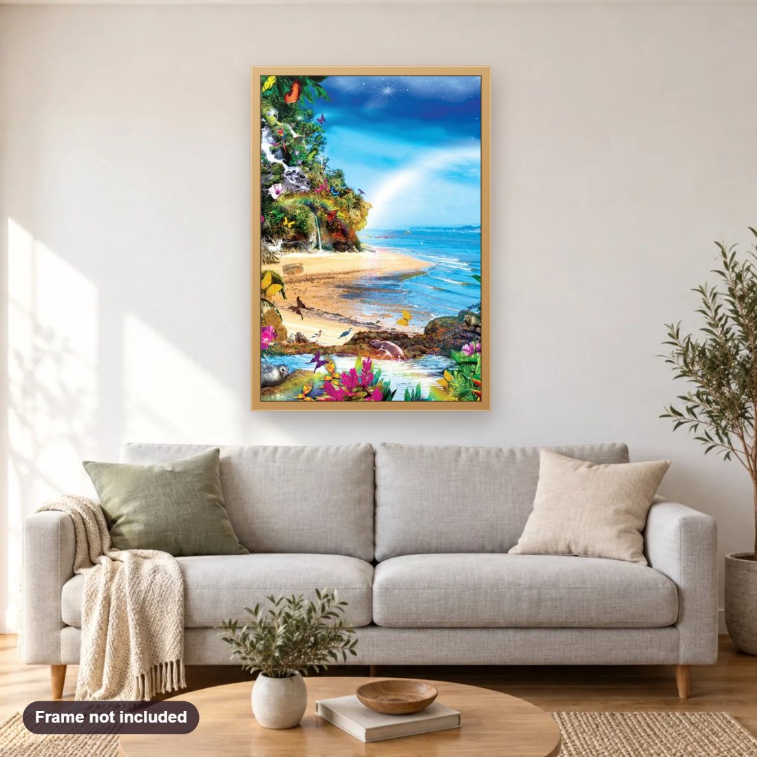 Fantasy Beach diamond painting shown framed on a living room wall above a sofa
