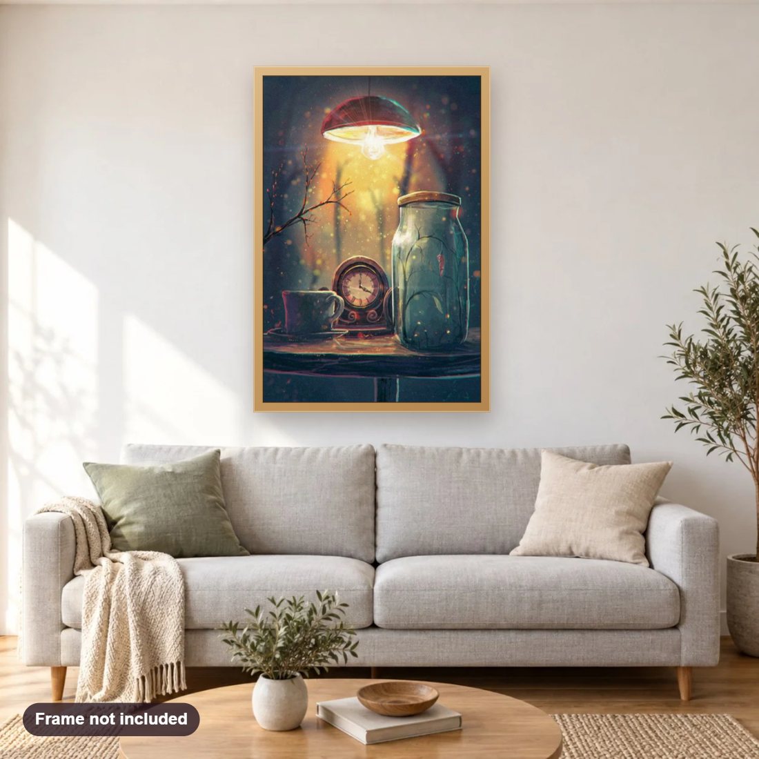 Fantasy Clock diamond painting shown framed on a living room wall above a sofa