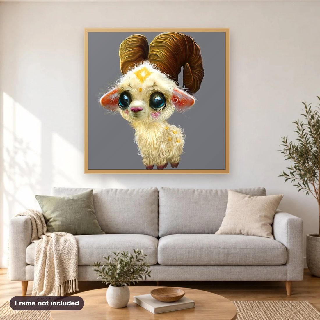 Fantasy Creature diamond painting shown framed on a living room wall above a sofa