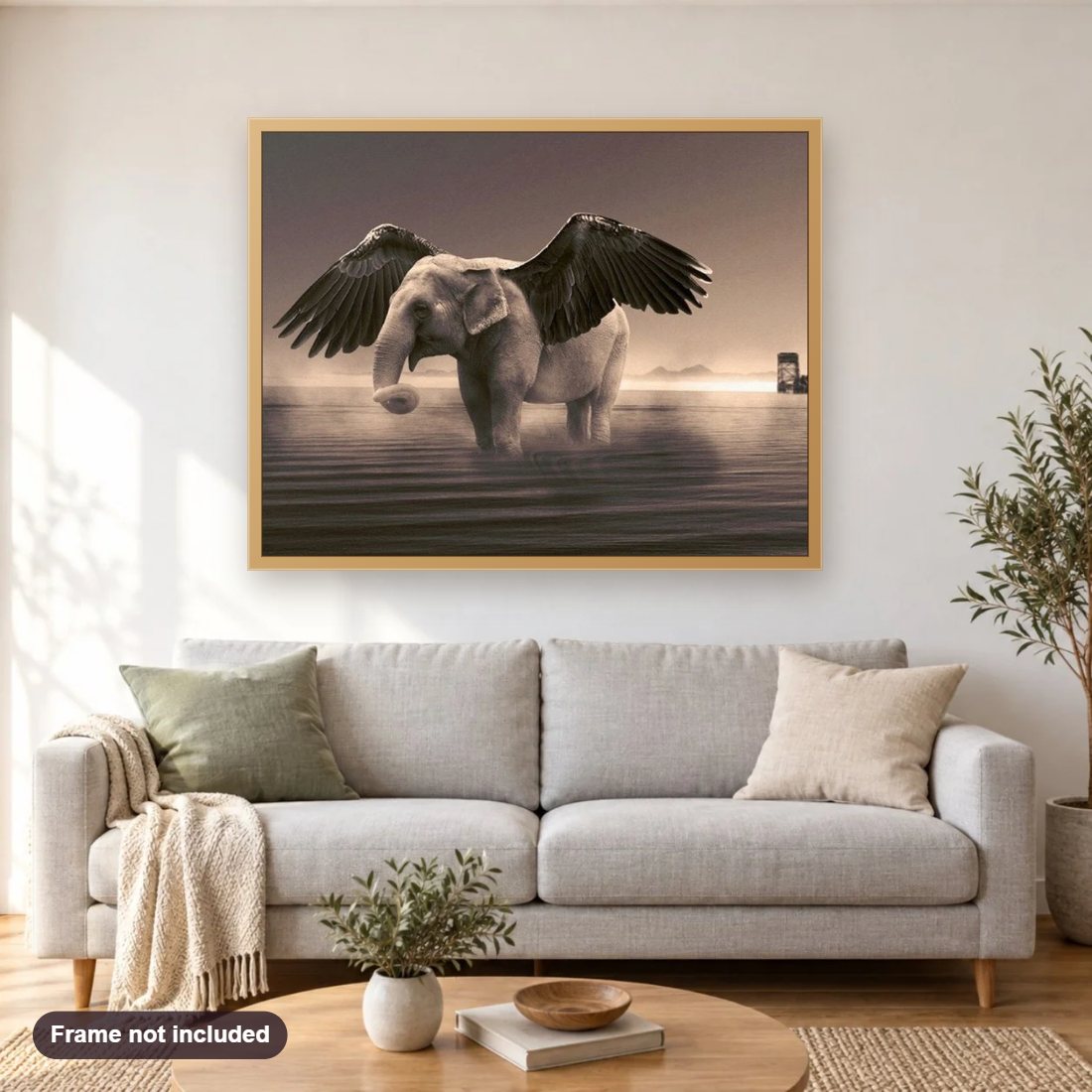 Fantasy Flying Elephant diamond painting shown framed on a living room wall above a sofa