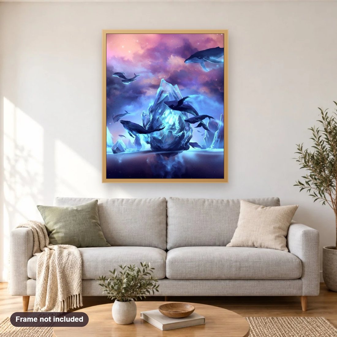 Fantasy Flying Fish diamond painting shown framed on a living room wall above a sofa