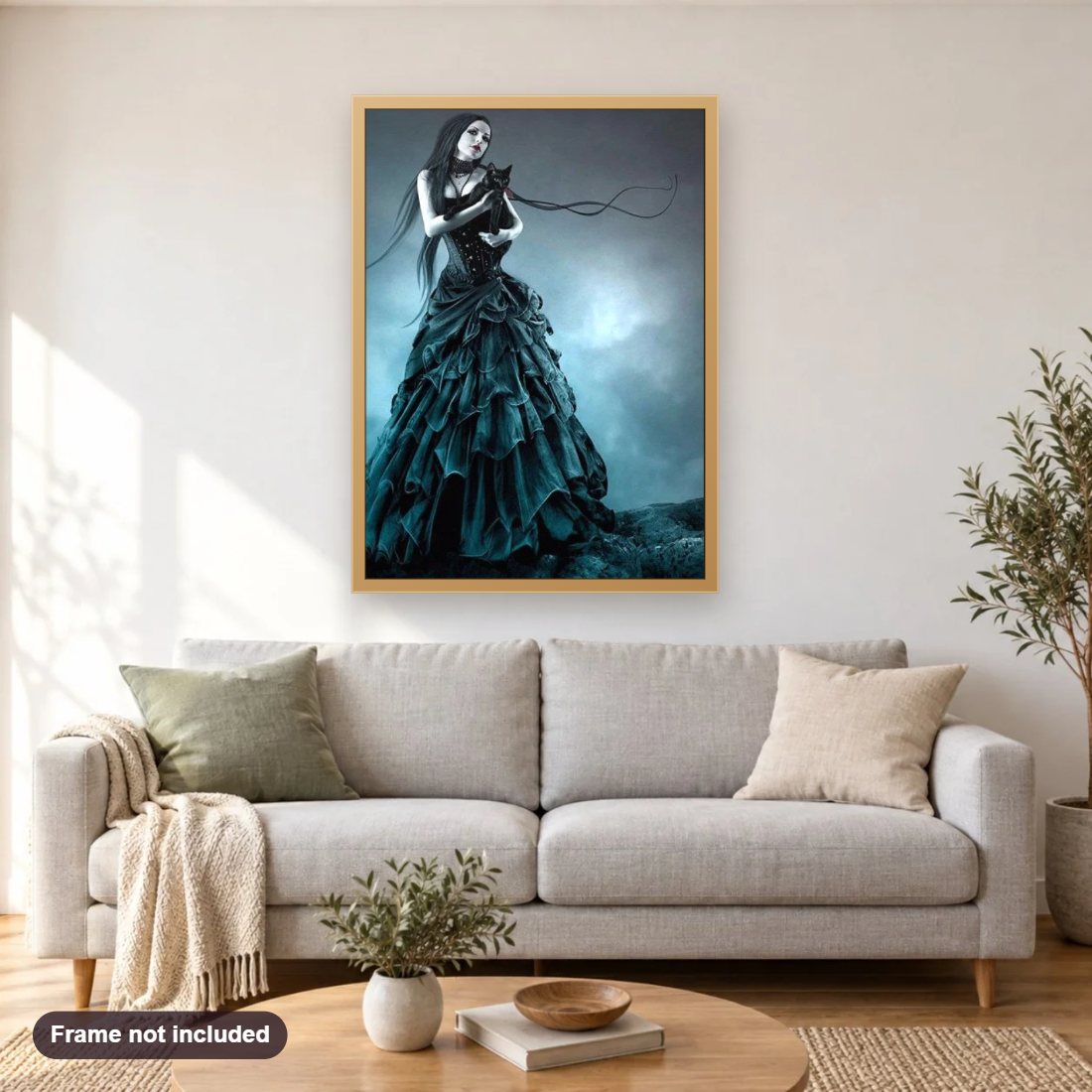 Fantasy Gothic Victorian diamond painting shown framed on a living room wall above a sofa