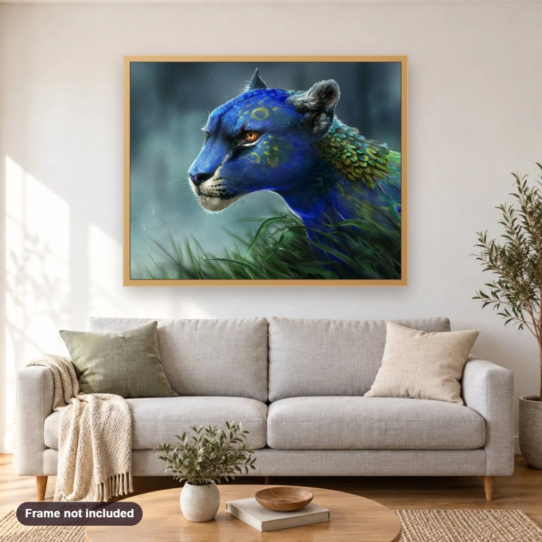 Fantasy Leopard diamond painting shown framed on a living room wall above a sofa