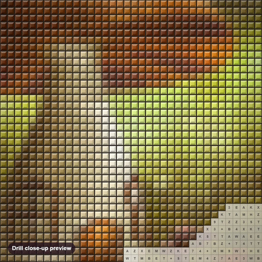 Close-up preview of the Fantasy Mushroom House diamond painting with square 5D drills and printed canvas symbols