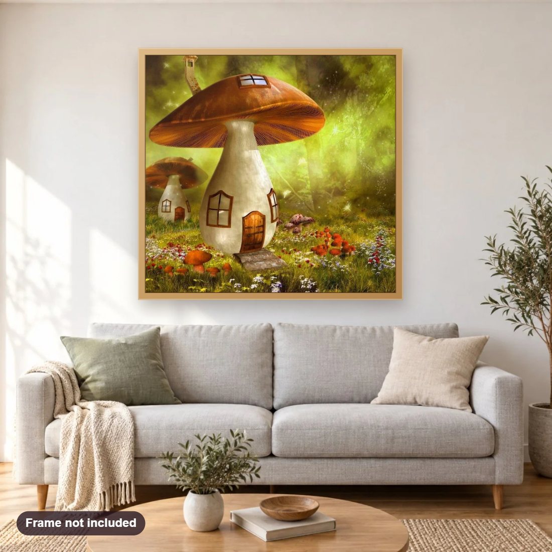 Fantasy Mushroom House diamond painting shown framed on a living room wall above a sofa