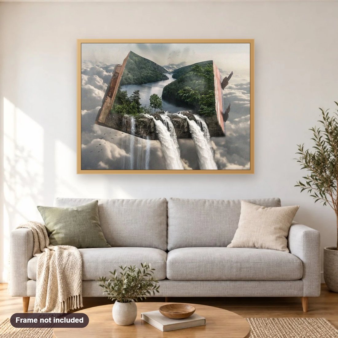 Fantasy & Mystical Place diamond painting shown framed on a living room wall above a sofa