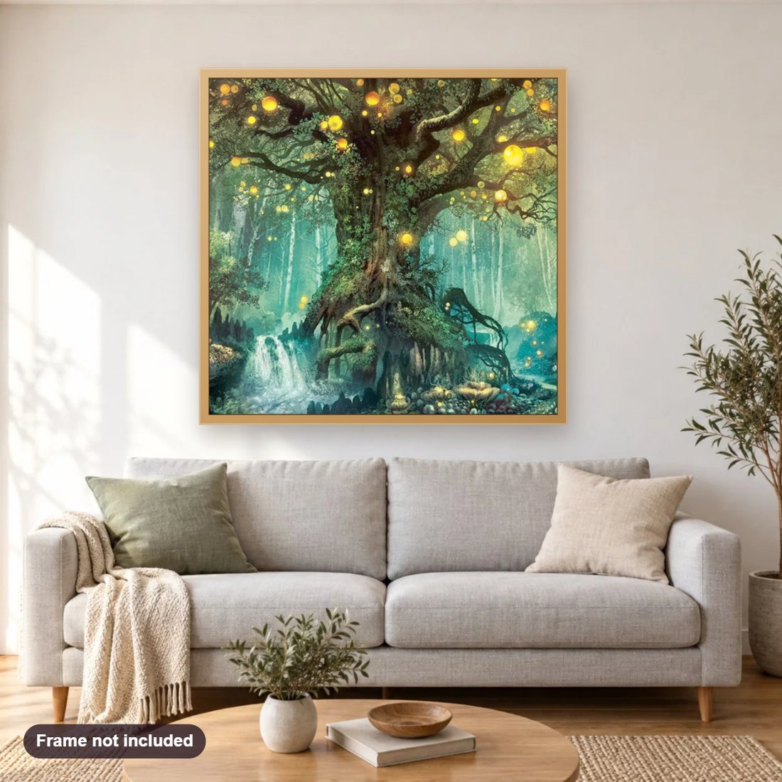 Fantasy Tree of Light diamond painting shown framed on a living room wall above a sofa
