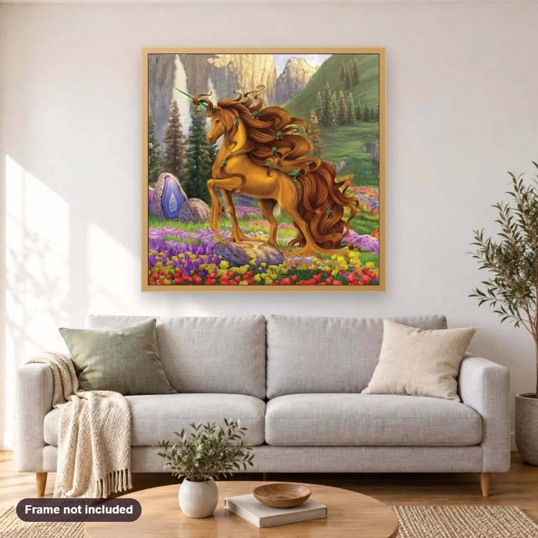 Fantasy Unicorn in Flowers Garden diamond painting shown framed on a living room wall above a sofa