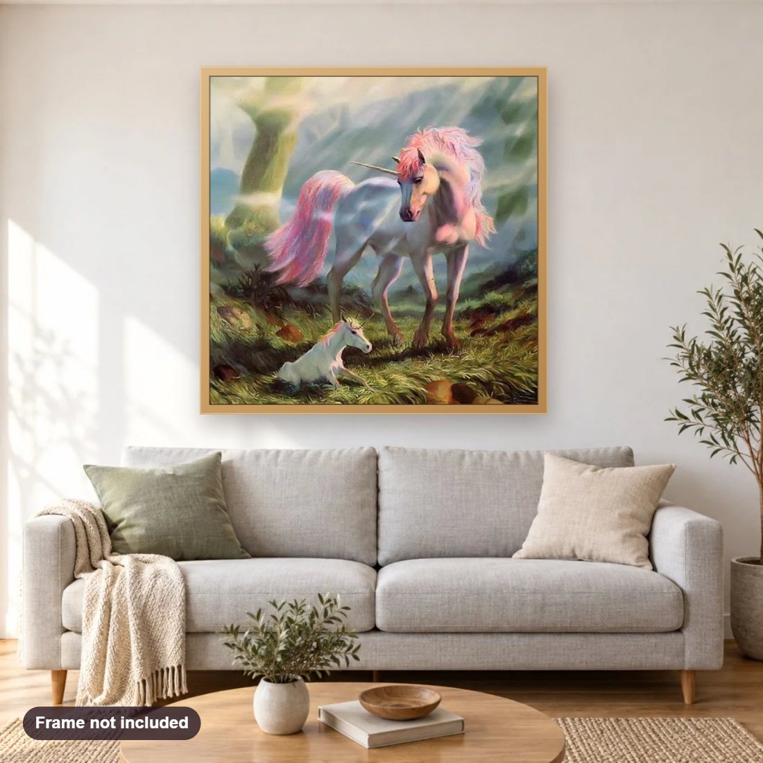 Fantasy Unicorn diamond painting shown framed on a living room wall above a sofa