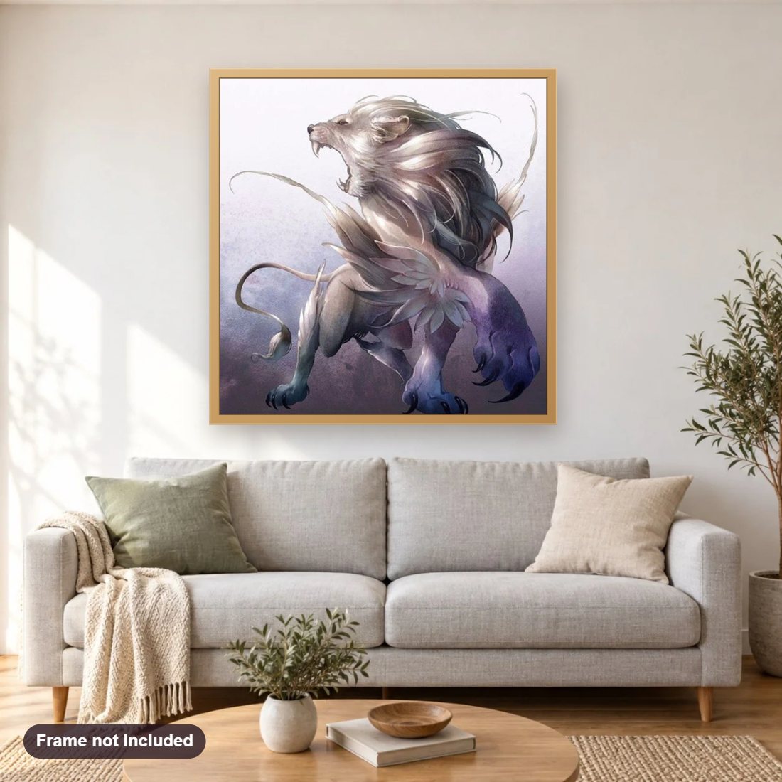 Fantasy White Lion Art Kit diamond painting shown framed on a living room wall above a sofa