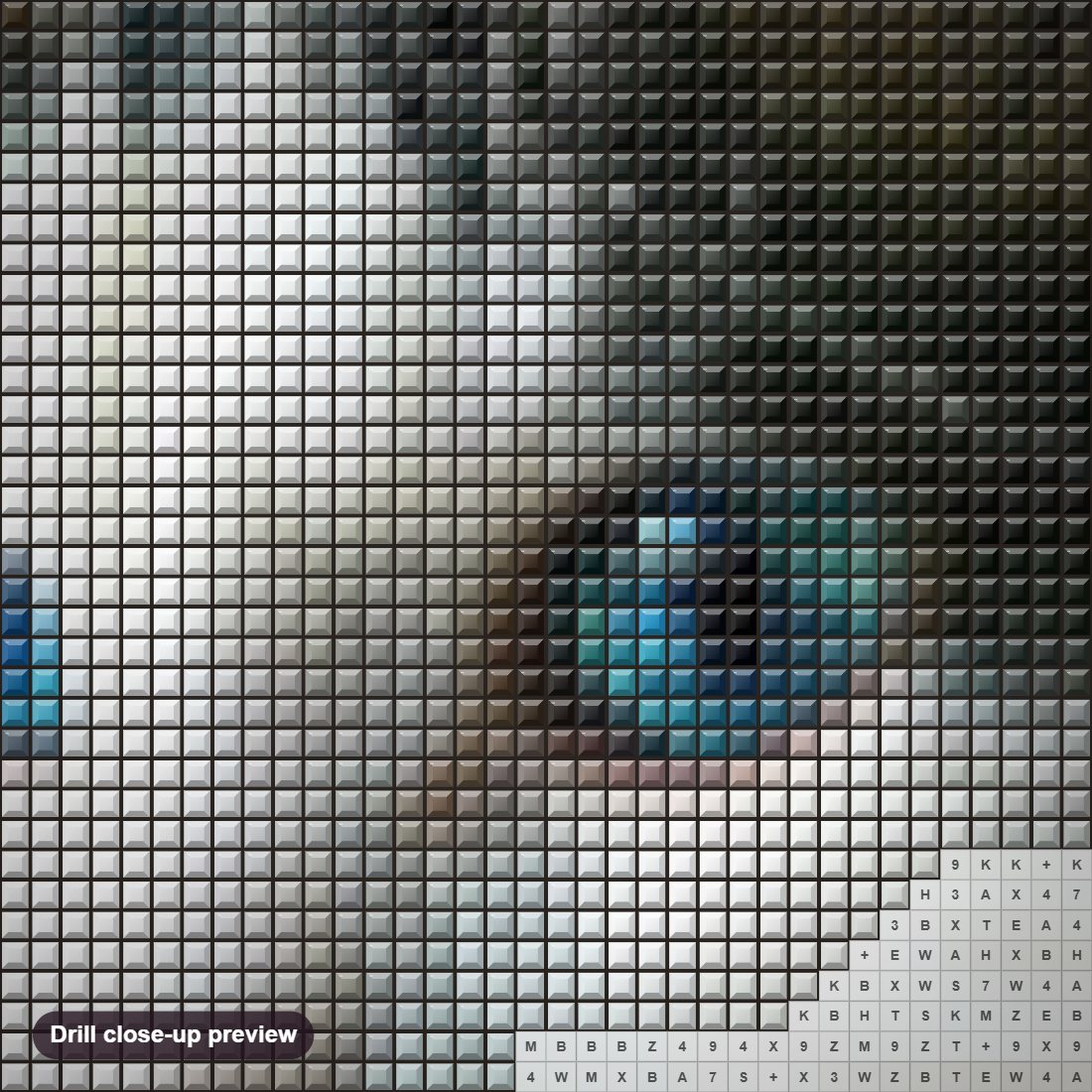 Close-up preview of the Fascinating Cat with Blue Eyes diamond painting with square 5D drills and printed canvas symbols