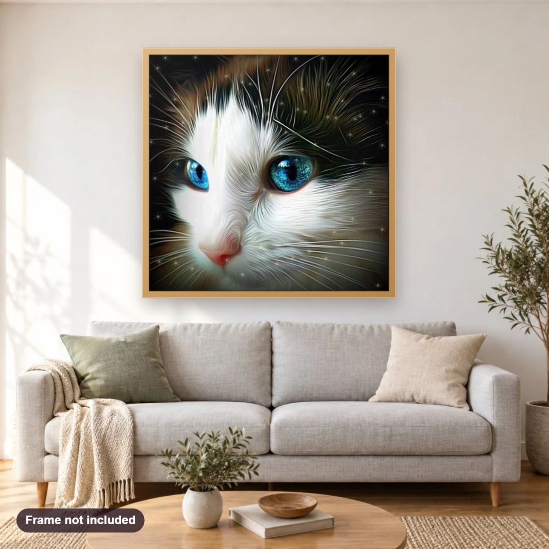 Fascinating Cat with Blue Eyes diamond painting shown framed on a living room wall above a sofa