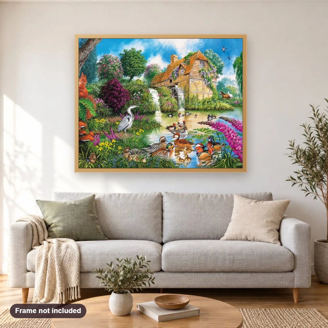 Fauna & Flora diamond painting shown framed on a living room wall above a sofa