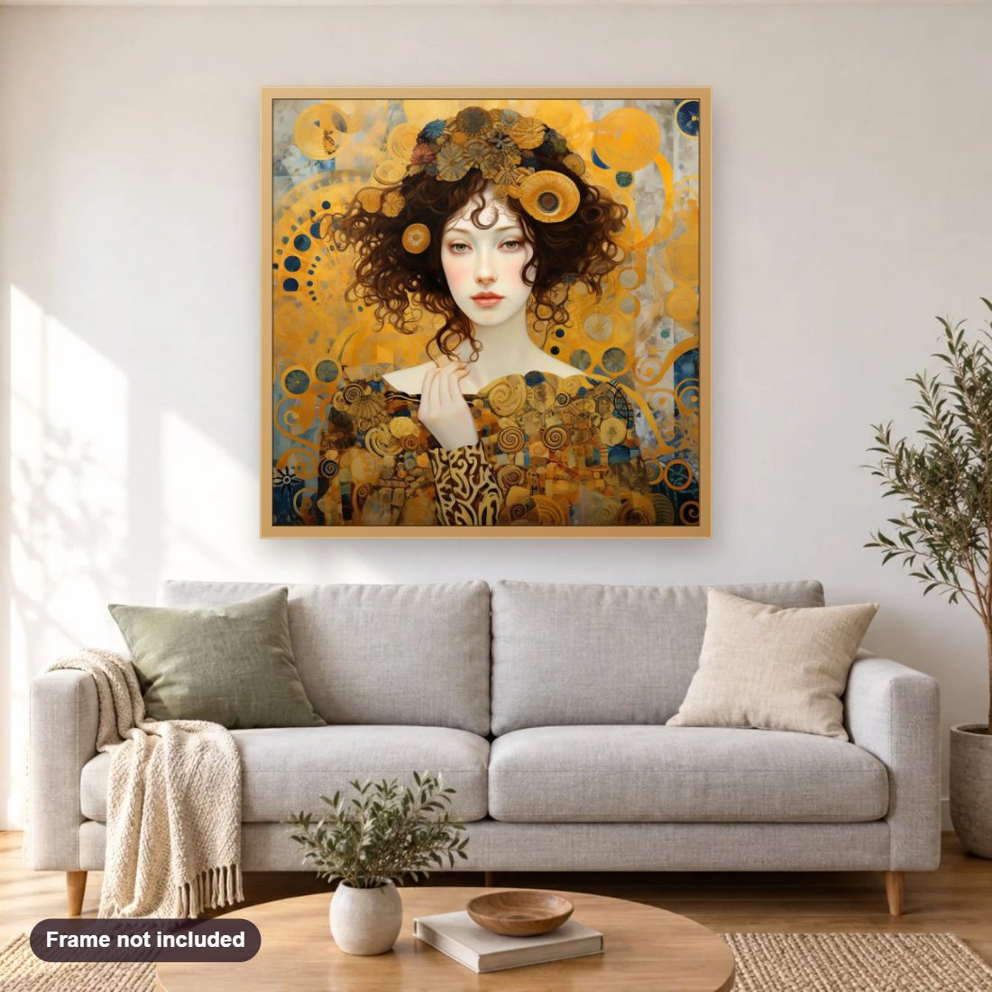 Feel The Beauty diamond painting shown framed on a living room wall above a sofa