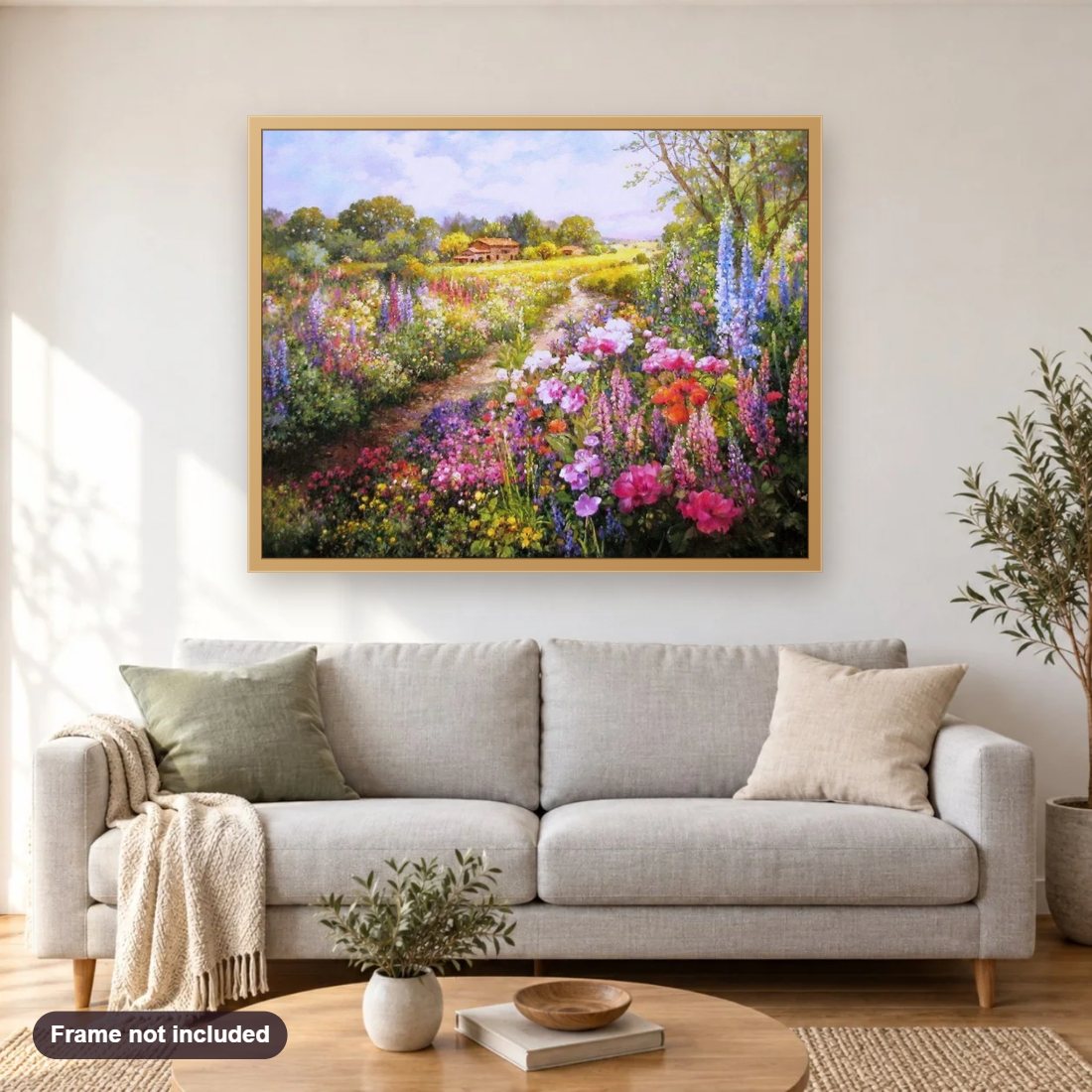 Field of Colorful Flowers diamond painting shown framed on a living room wall above a sofa