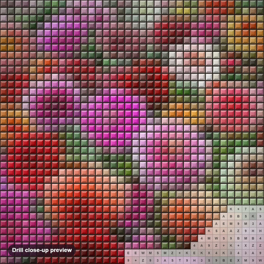 Close-up preview of the Field of Dahlia Flowers diamond painting with square 5D drills and printed canvas symbols
