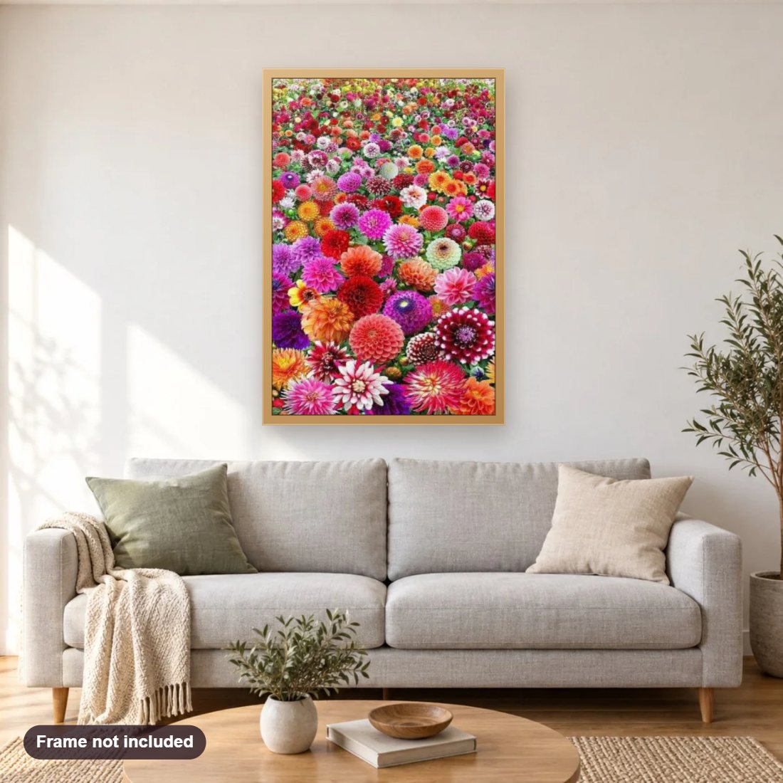 Field of Dahlia Flowers diamond painting shown framed on a living room wall above a sofa
