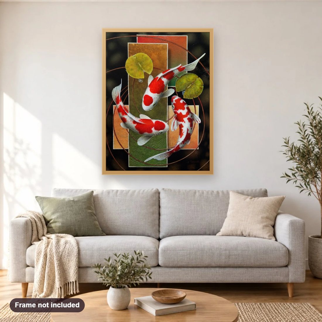 FIGMENTS diamond painting shown framed on a living room wall above a sofa