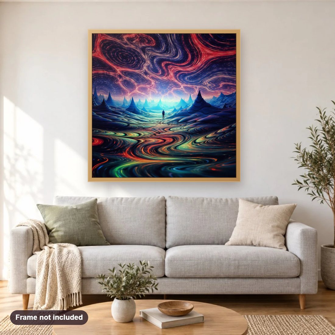 Find Your Inner Peace diamond painting shown framed on a living room wall above a sofa